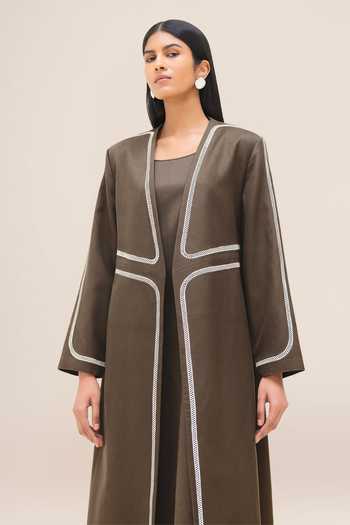 Ampm_Grey Cotton, Linen Scoop Neck Ravida Abaya And Dress Set _at_Aza_Fashions