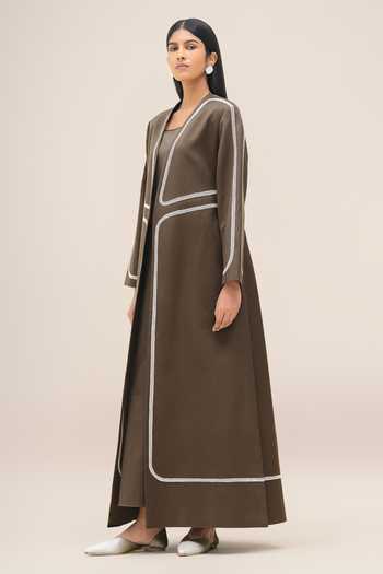 Buy_Ampm_Grey Cotton, Linen Scoop Neck Ravida Abaya And Dress Set 