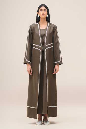 Shop_Ampm_Grey Cotton, Linen Scoop Neck Ravida Abaya And Dress Set 