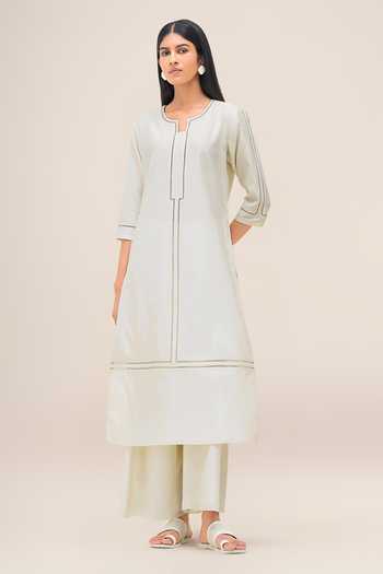 Ampm_Ivory Chanderi Notched Neck Aranya Kurta Palazzo Set _Online_at_Aza_Fashions