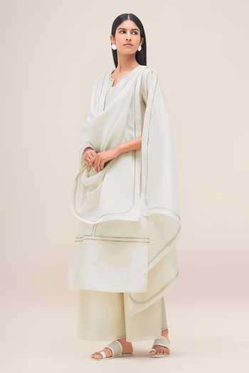 Ampm_Ivory Chanderi Notched Neck Aranya Kurta Palazzo Set _at_Aza_Fashions