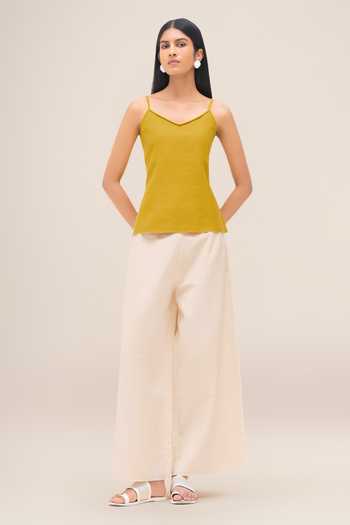 Ampm_Yellow Linen Collared Merula Tunic And Palazzo Set _Online_at_Aza_Fashions