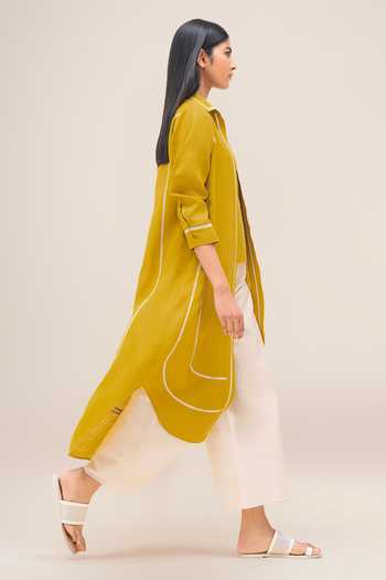 Ampm_Yellow Linen Collared Merula Tunic And Palazzo Set _at_Aza_Fashions