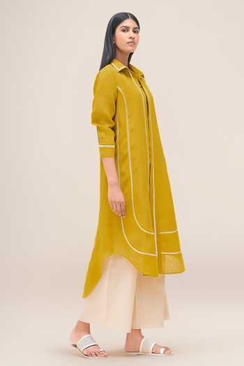 Buy_Ampm_Yellow Linen Collared Merula Tunic And Palazzo Set 
