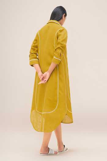 Ampm_Yellow Linen Round Neck Malkoha Shirt Dress Set _Online_at_Aza_Fashions