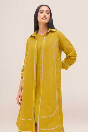 Buy_Ampm_Yellow Linen Round Neck Malkoha Shirt Dress Set _Online_at_Aza_Fashions