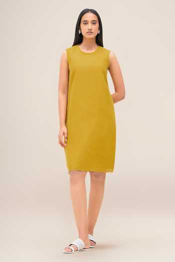 Shop_Ampm_Yellow Linen Round Neck Malkoha Shirt Dress Set _Online_at_Aza_Fashions