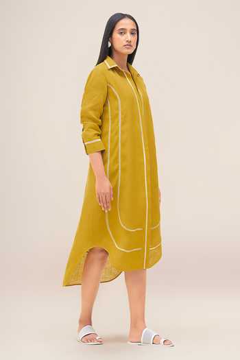 Ampm_Yellow Linen Round Neck Malkoha Shirt Dress Set _at_Aza_Fashions