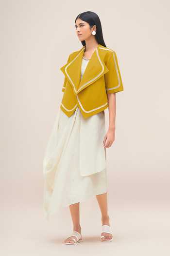 Buy_Ampm_Yellow Linen Shawl Neck Finch Oversized Lapel Jacket _Online_at_Aza_Fashions
