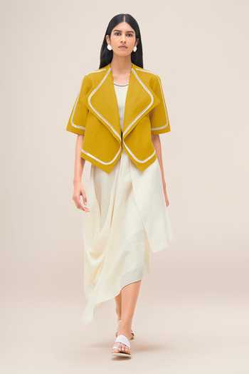 Shop_Ampm_Yellow Linen Shawl Neck Finch Oversized Lapel Jacket _Online_at_Aza_Fashions