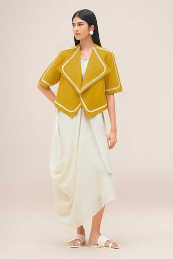 Ampm_Yellow Linen Shawl Neck Finch Oversized Lapel Jacket _at_Aza_Fashions
