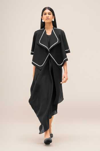 Ampm Black Linen Open Neck Finch Oversized Lapel Jacket Online at Aza Fashions Ampm_Black Linen Open Neck Finch Oversized Lapel Jacket _Online_at_Aza_Fashions