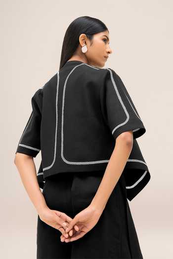 Buy Ampm Black Linen Open Neck Finch Oversized Lapel Jacket Online at Aza Fashions Buy_Ampm_Black Linen Open Neck Finch Oversized Lapel Jacket _Online_at_Aza_Fashions