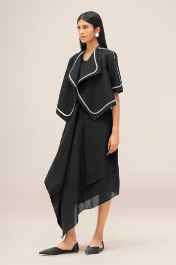 Ampm Black Linen Open Neck Finch Oversized Lapel Jacket at Aza Fashions Ampm_Black Linen Open Neck Finch Oversized Lapel Jacket _at_Aza_Fashions