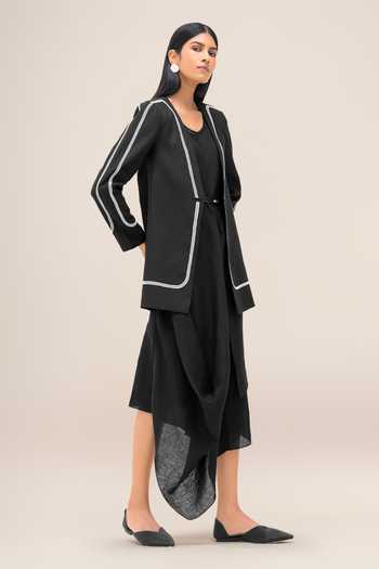 Ampm_Black Linen Open Neck Vivia Faux Leather Outlined Jacket _Online_at_Aza_Fashions