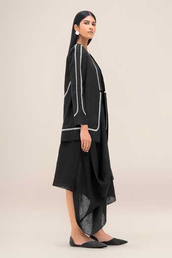 Buy_Ampm_Black Linen Open Neck Vivia Faux Leather Outlined Jacket _Online_at_Aza_Fashions