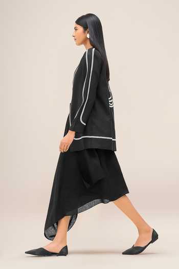Shop_Ampm_Black Linen Open Neck Vivia Faux Leather Outlined Jacket _Online_at_Aza_Fashions