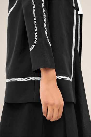Ampm_Black Linen Open Neck Vivia Faux Leather Outlined Jacket _at_Aza_Fashions