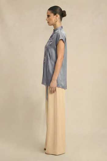 Neora By Nehal Chopra_Grey Silk, Bemberg Mandarin Collar Steel Crew Neck Top _Online_at_Aza_Fashions