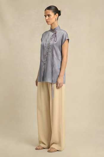 Buy_Neora By Nehal Chopra_Grey Silk, Bemberg Mandarin Collar Steel Crew Neck Top _Online_at_Aza_Fashions