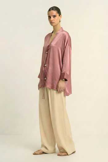 Neora By Nehal Chopra_Red Silk, Bemberg V-neck Brick Loop Top _Online_at_Aza_Fashions