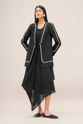 Shop_Ampm_Black Linen Open Neck Vivia Faux Leather Outlined Jacket 