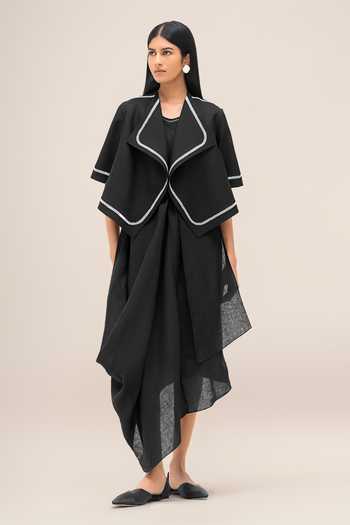Shop Ampm Black Linen Open Neck Finch Oversized Lapel Jacket Shop_Ampm_Black Linen Open Neck Finch Oversized Lapel Jacket