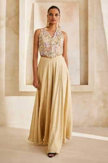 Anu Pellakuru_Yellow Silk, Satin, Chiffon Mirrors Gulnaar Embroidered Waistcoat And Palazzo Set _Online_at_Aza_Fashions