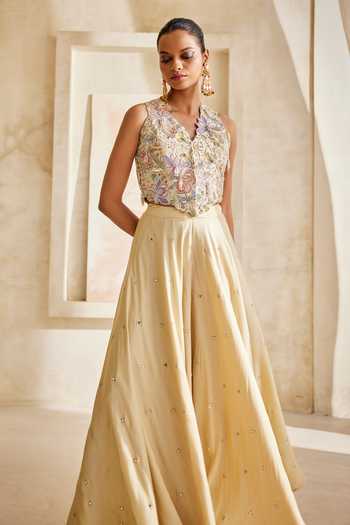 Buy_Anu Pellakuru_Yellow Silk, Satin, Chiffon Mirrors Gulnaar Embroidered Waistcoat And Palazzo Set _Online_at_Aza_Fashions
