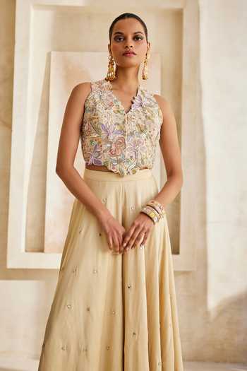 Shop_Anu Pellakuru_Yellow Silk, Satin, Chiffon Mirrors Gulnaar Embroidered Waistcoat And Palazzo Set _Online_at_Aza_Fashions