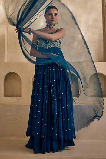 Anu Pellakuru_Blue Silk, Chiffon, Satin, Net Square Neck Neel Afreen Embroidered Anarkali Set _Online_at_Aza_Fashions