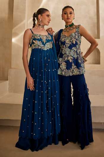 Shop_Anu Pellakuru_Blue Silk, Chiffon, Satin, Net Square Neck Neel Afreen Embroidered Anarkali Set _Online_at_Aza_Fashions
