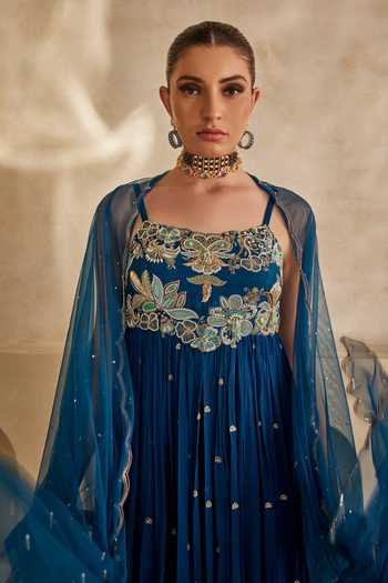 Anu Pellakuru_Blue Silk, Chiffon, Satin, Net Square Neck Neel Afreen Embroidered Anarkali Set _at_Aza_Fashions