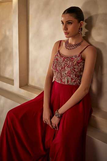 Anu Pellakuru_Red Laal Ira Embroidered Jumpsuit _Online_at_Aza_Fashions