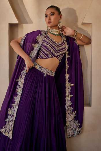 Anu Pellakuru_Purple Silk, Organza, Chiffon V-neck Vanya Embroidered Cape Skirt Set _Online_at_Aza_Fashions