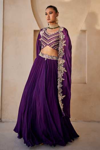 Buy_Anu Pellakuru_Purple Silk, Organza, Chiffon V-neck Vanya Embroidered Cape Skirt Set _Online_at_Aza_Fashions