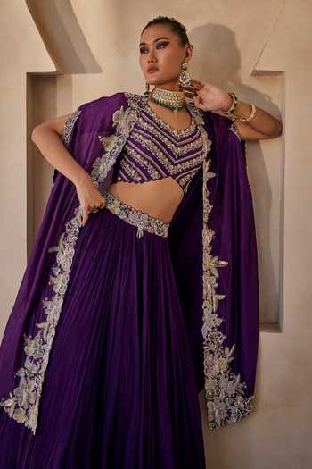 Shop_Anu Pellakuru_Purple Silk, Organza, Chiffon V-neck Vanya Embroidered Cape Skirt Set _Online_at_Aza_Fashions