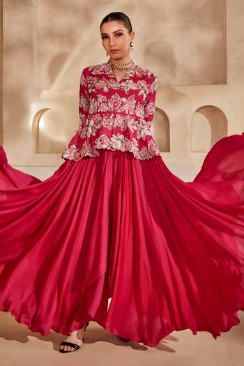 Anu Pellakuru_Pink Silk, Satin, Chiffon Embroidery Split V-neck Ruhani Peplum Gown _Online_at_Aza_Fashions