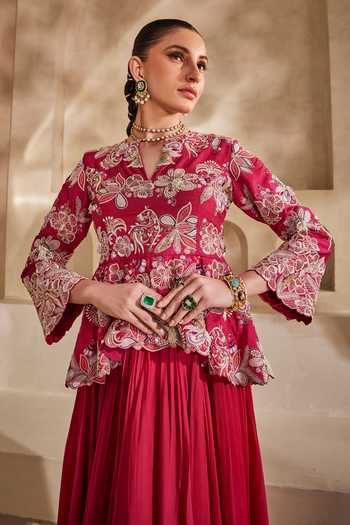 Buy_Anu Pellakuru_Pink Silk, Satin, Chiffon Embroidery Split V-neck Ruhani Peplum Gown _Online_at_Aza_Fashions