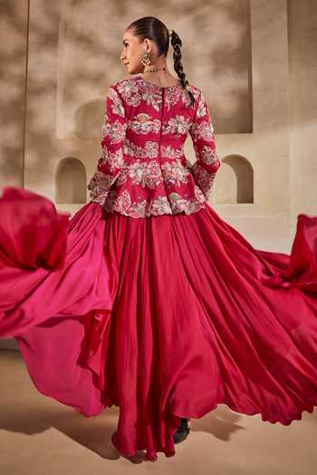 Shop_Anu Pellakuru_Pink Silk, Satin, Chiffon Embroidery Split V-neck Ruhani Peplum Gown _Online_at_Aza_Fashions