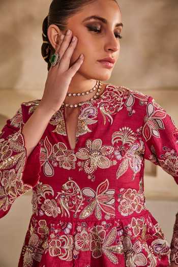 Anu Pellakuru_Pink Silk, Satin, Chiffon Embroidery Split V-neck Ruhani Peplum Gown _at_Aza_Fashions