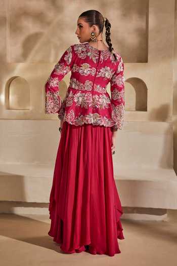 Buy_Anu Pellakuru_Pink Silk, Satin, Chiffon Embroidery Split V-neck Ruhani Peplum Gown 