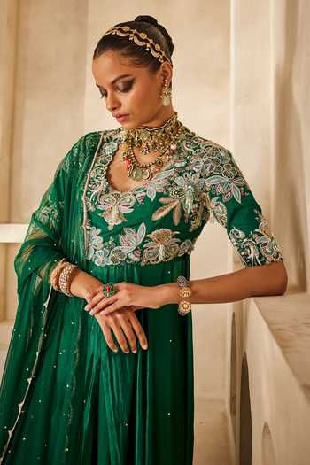 Shop Anu Pellakuru Emerald Green , Chiffon, Organza, Chinon, Net Mehra Anarkali Set Online at Aza Fashions Shop_Anu Pellakuru_Emerald Green , Chiffon, Organza, Chinon, Net Mehra Anarkali Set _Online_at_Aza_Fashions