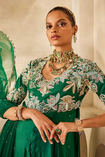 Shop Anu Pellakuru Emerald Green , Chiffon, Organza, Chinon, Net Mehra Anarkali Set Shop_Anu Pellakuru_Emerald Green , Chiffon, Organza, Chinon, Net Mehra Anarkali Set