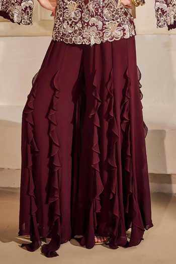 Anu Pellakuru_Wine Silk, Georgette Ruffles V-neck Mahveen Embroidered Jacket And Palazzo Set _Online_at_Aza_Fashions