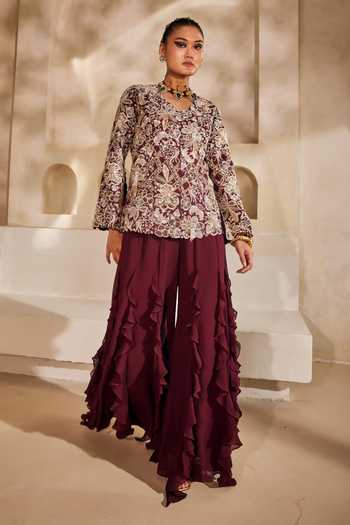 Buy_Anu Pellakuru_Wine Silk, Georgette Ruffles V-neck Mahveen Embroidered Jacket And Palazzo Set _Online_at_Aza_Fashions