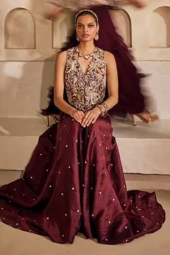 Shop_Anu Pellakuru_Wine Silk, Georgette Ruffles V-neck Mahveen Embroidered Jacket And Palazzo Set _Online_at_Aza_Fashions