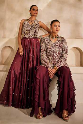Shop_Anu Pellakuru_Wine Silk, Georgette Ruffles V-neck Mahveen Embroidered Jacket And Palazzo Set 