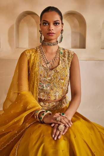 Anu Pellakuru_Mustard , , Peeli Noor Embroidered Blouse Lehenga Set _at_Aza_Fashions