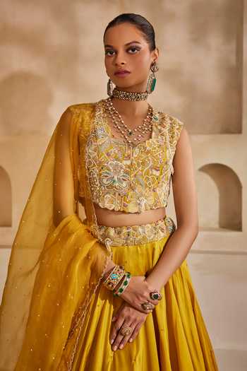 Shop_Anu Pellakuru_Mustard , , Peeli Noor Embroidered Blouse Lehenga Set 